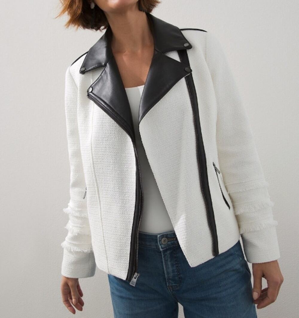 CHICO'S Tweed and Faux Leather Moto Jacket Asymmetric Full Zip White Black Large